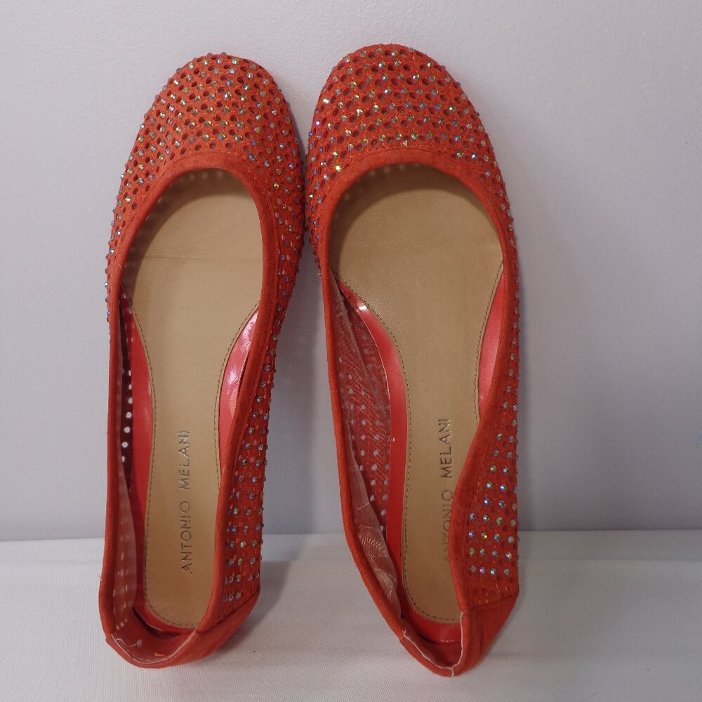 Antonio Melani Orange Leather Ballet Flats w. Rhinestones Studs Women's Size 9M